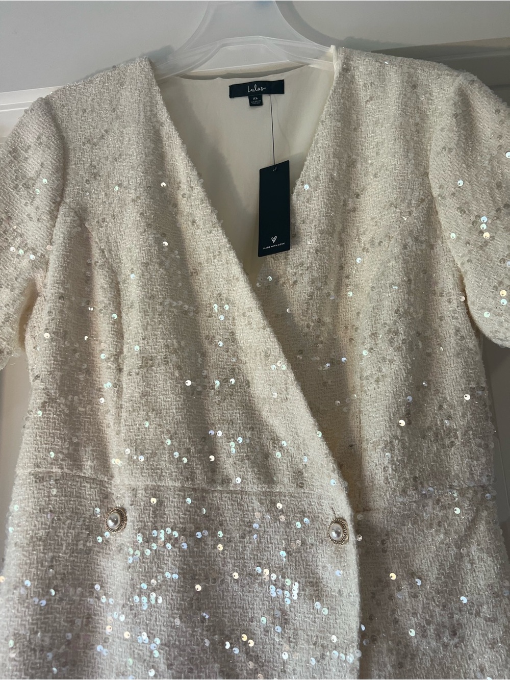 Lulus Glittering Charisma Cream Sequin Tweed Short Sleeve Skort Romper NWT XL - Picture 5 of 6